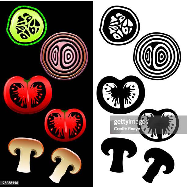 sliced veg icon set - diced tomatoes stock illustrations