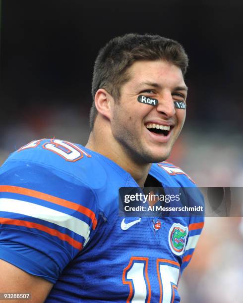 Quarterback Tim Tebow of the Florida Gators watches fourth-quarter play against the Florida International University Golden Panthers, November 21,...