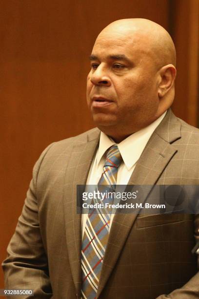 Matthew Fletcher stands in court during his arraignment hearing at Criminal Courts Building on March 16, 2018 in Los Angeles, California. Matthew...