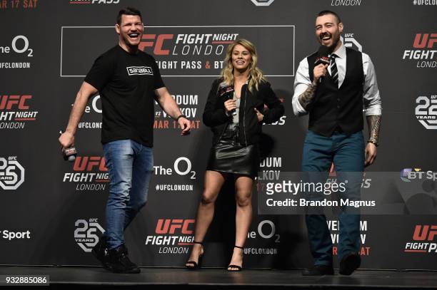 Middleweight Michael Bisping, UFC women's flyweight Paige VanZant and UFC commentator Dan Hardy interact with fans during a Q&A session after the UFC...