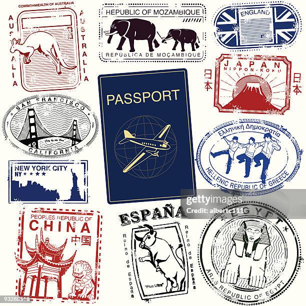 ilustraciones, imágenes clip art, dibujos animados e iconos de stock de sellos de viajes internacionales - sello de pasaporte