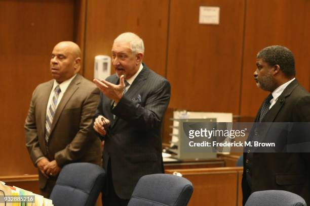 Attorney Mark Geragos stands with his client Matthew Fletcher and Thaddeus Culpepper during their arraignment hearing at Criminal Courts Building on...
