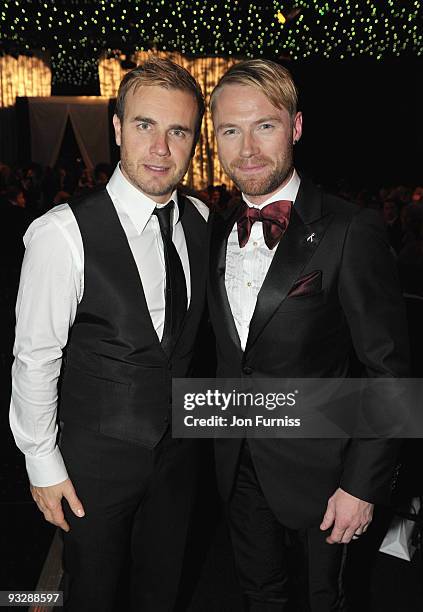 Gary Barlow of Take That poses with Ronan Keating of Boyzone at Ronan Keating's fourth annual Emeralds and Ivy Ball in aid of Cancer Research UK at...