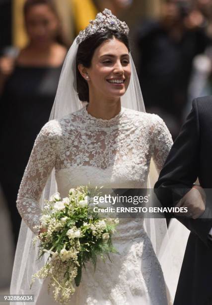 Peruvian Alessandra de Osma, arrives next to her father Felipe de Osma , to her wedding with Prince Christian of Hanover at the San Pedro church in...