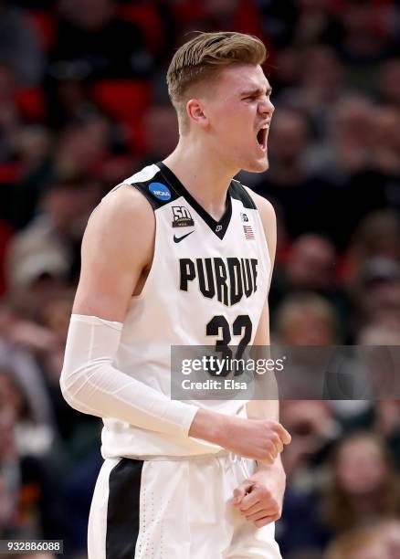 Matt Haarms of the Purdue Boilermakers reacts against the Cal State Fullerton Titans during the first half of the game in the first round of the 2018...