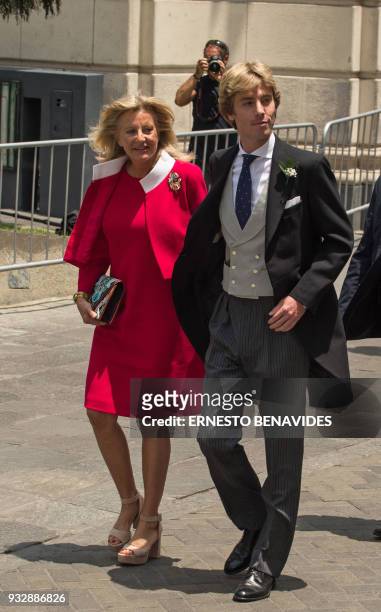 Prince Christian of Hanover , arrives next to his mother Chantal Hochuli, to his wedding with Peruvian Alessandra de Osma, at the San Pedro church in...