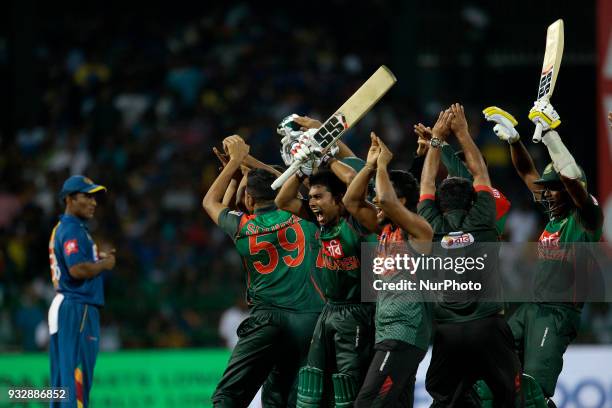 Bangladesh cricketers celebrate after winning the 6th T20 cricket match of NIDAHAS Trophy between Sri Lanka and Bangladesh at R Premadasa cricket...