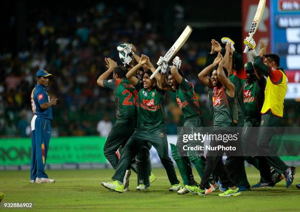 Bangladesh cricketers celebrate after winning the 6th T20 cricket match of NIDAHAS Trophy between Sri Lanka and Bangladesh at R Premadasa cricket...