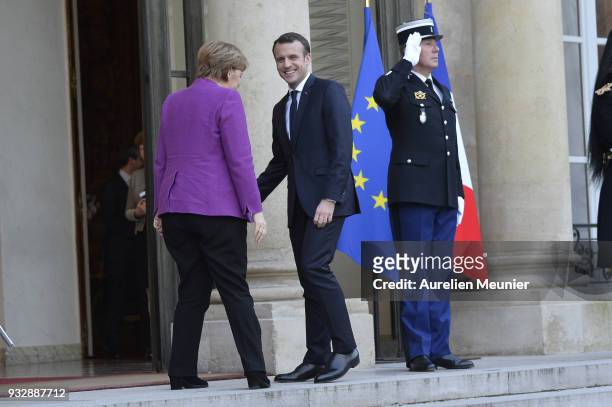 French President Emmanuel Macron receives German Chancellor Angela Merkel at Elysee Palace on March 16, 2018 in Paris, France. Angela Merkel, who...