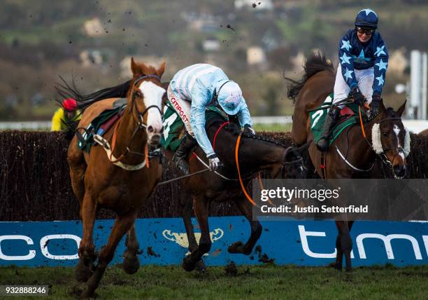 Some Plan riden by Noel Fehily falls at the last during the Johnny Henderson Grand Annual Challenge Cup Handicap Chase at the Cheltenham Festival -...