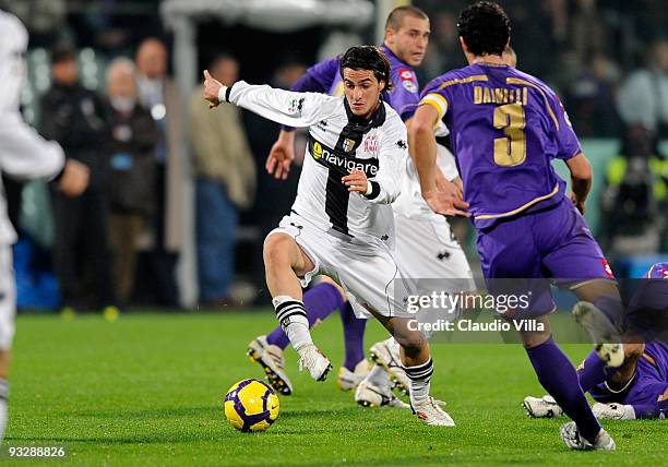 Dario Dainelli of ACF Fiorentina competes for the ball with Davide Lanzafame of Parma FC during the Serie A match between Fiorentina and Parma at...