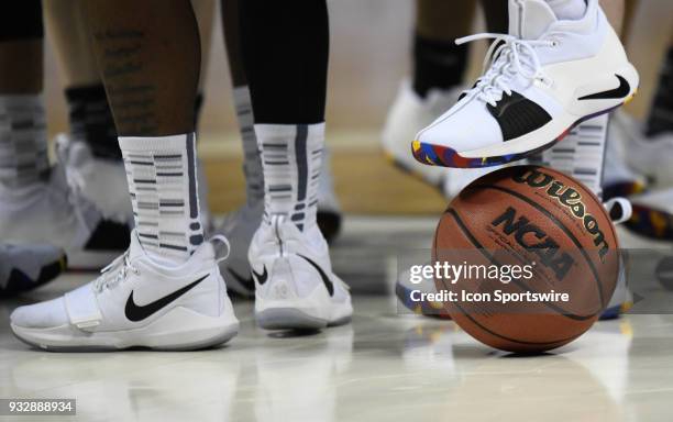 The game ball lays on the court prior to the NCAA Division I Men's Championship First Round game between the Texas A&M Aggies and the Providence...