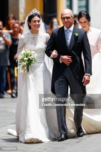 The bride Alessandra de Osma and arrives with her father Felipe de Osma Berckemeyer to her wedding with Prince Christian of Hanover at Basilica San...