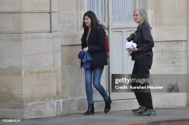 Photographer Annie Leibovitz walks in the Elysee court as French President Emmanuel Macron receives German Chancellor Angela Merkel at Elysee Palace...