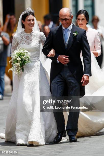 The bride Alessandra de Osma and arrives with her father Felipe de Osma Berckemeyer to her wedding with Prince Christian of Hanover at Basilica San...