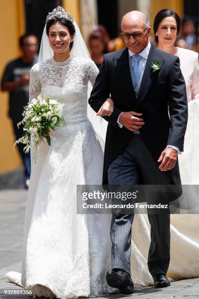 The bride Alessandra de Osma and her father Felipe de Osma Berckemeyer during the wedding of Prince Christian of Hanover and Alessandra de Osma at...