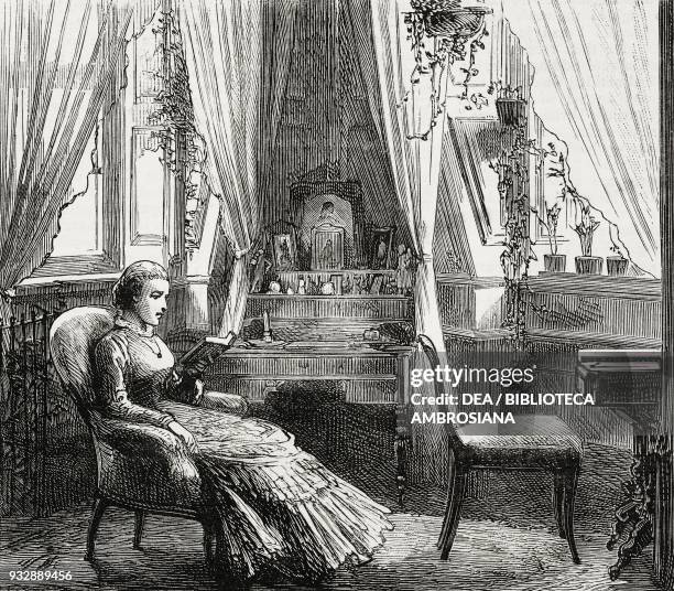 Princess Helena of Waldeck-Pyrmont in her boudoir, The Betrothal of Prince Leopold, Duke of Albany, illustration from the magazine The Graphic,...