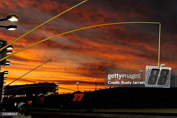 The sun sets over the grandstands during the NASCAR Nationwide Series Ford 300 at Homestead-Miami Speedway on November 21, 2009 in Homestead, Florida.