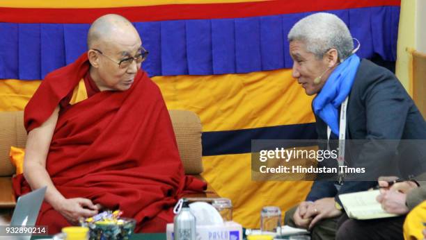 Tibetan spiritual leader, the Dalai Lama discussing with participants during the presentation on the last day of the Mind & Life 33rd Conference at...