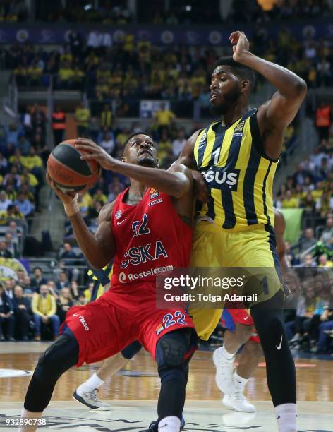 Cory Higgins, #22 of CSKA Moscow in action with Jason Thompson, #1 of Fenerbahce Dogus during the 2017/2018 Turkish Airlines EuroLeague Regular...