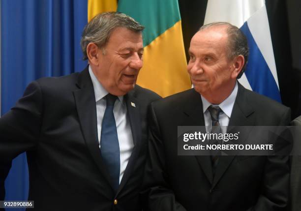 Foreing ministers of Uruguay Rodolfo Nin Novoa and Brazil Alyosio Nunes, share a light moment at the end of Mercosur's foreign ministers meeting at...