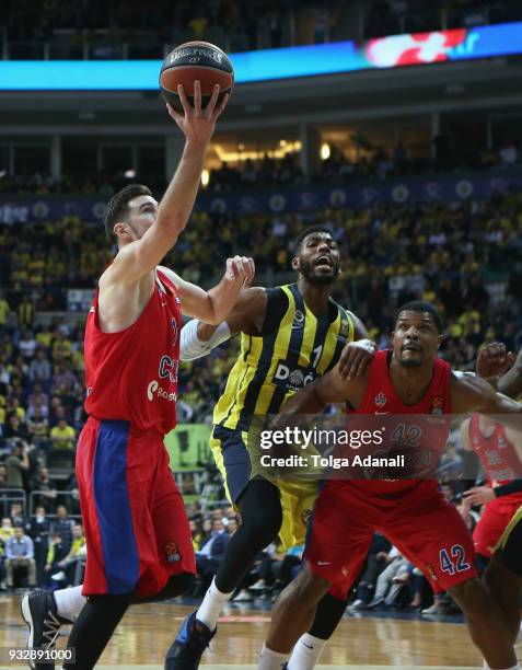 Nando de Colo, #1 of CSKA Moscow and Kyle Hines, #42 of CSKA Moscow in action with Jason Thompson, #1 of Fenerbahce Dogus during the 2017/2018...