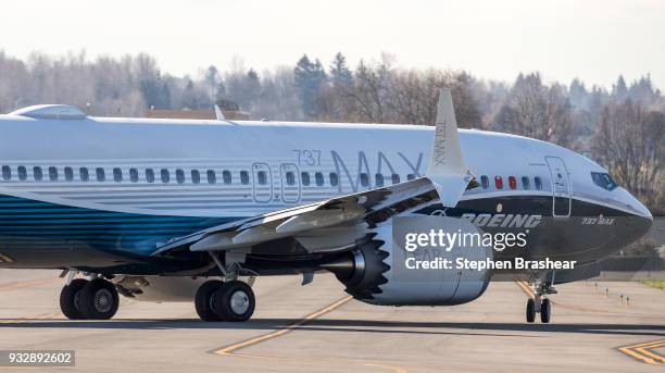 Boeing 737 MAX 7 taxis before its first flight at Renton Municipal Airport, on March 16, 2018 in Renton, Washington. The aircraft is the shortest...