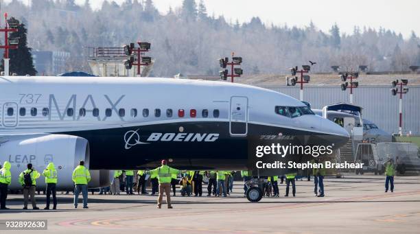 Boeing 737 MAX 7 taxis before its first flight at Renton Municipal Airport, on March 16, 2018 in Renton, Washington. The aircraft is the shortest...