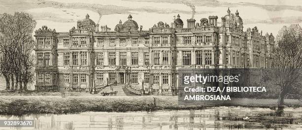 Prince Albert Edward and Princess Alexandra of Wales at Longleat House, view of the south front, Wiltshire, England, United Kingdom, illustration...