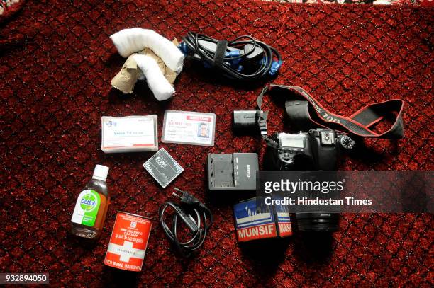 The photography equipments of Kamran Yousuf a Kashmiri photojournalist who was released on bail this week six months after his arrest by the National...