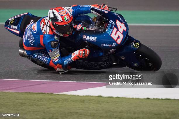 Mattia Pasini of Italy and Italtrans Racing rounds the bend during the MotoGP of Qatar - Free Practice at Losail Circuit on March 16, 2018 in Doha,...