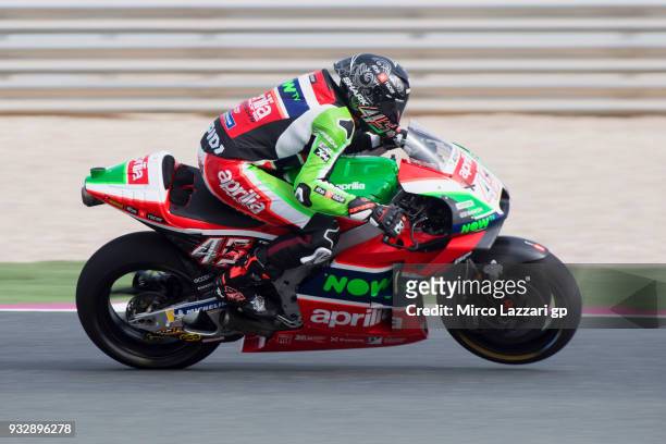 Aleix Espargaro of Spain and Aprilia Racing Team Gresini heads down a straight during the MotoGP of Qatar - Free Practice at Losail Circuit on March...