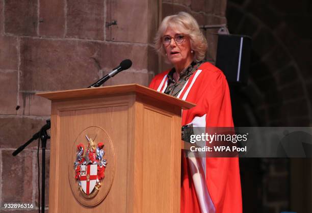 Camilla, Duchess of Cornwall delivers a speech during the University of Chester's graduation ceremony in Chester Cathedral where she received an...