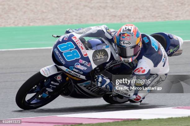 Jorge Martin of Spain and Del Conca Gresini Moto3 Honda rounds the bend during the MotoGP of Qatar - Free Practice at Losail Circuit on March 16,...