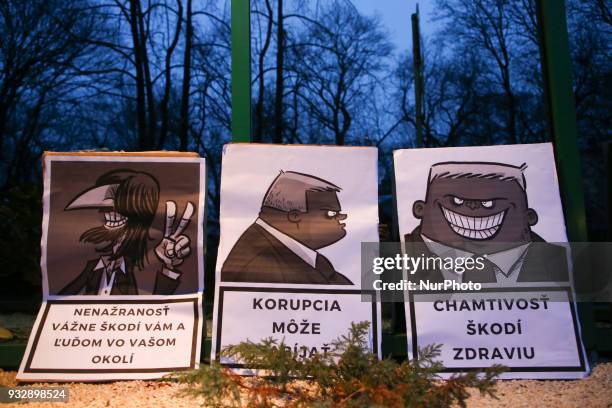 Robert Kalinak's and Robert Fico's caricatures in front of the Consulate General of the Slovak Republic in Krakow, Poland on 16 March, 2018. In an...