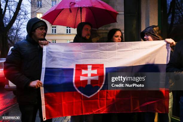 Slovaks gathered in front of the Consulate General of the Slovak Republic in Krakow, Poland on 16 March, 2018. In an anti-government demonstration...