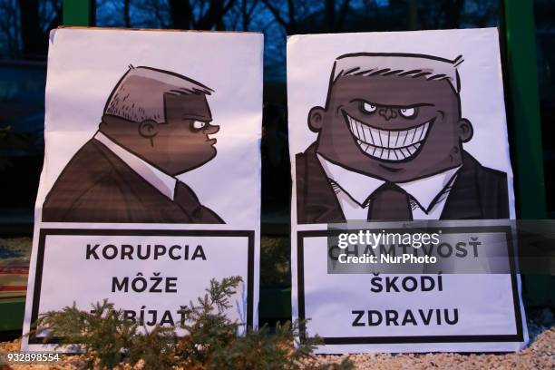 Robert Fico's caricatures in front of the Consulate General of the Slovak Republic in Krakow, Poland on 16 March, 2018. In an anti-government...