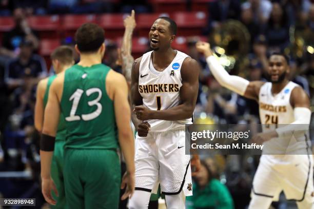 Zach Brown of the Wichita State Shockers reacts after a play in the second half against the Marshall Thundering Herd during the first round of the...