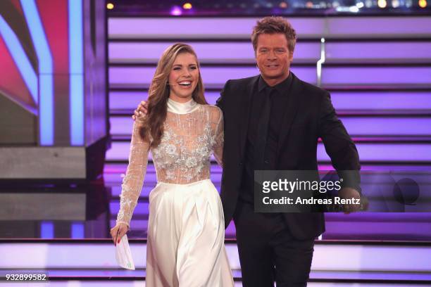 Hosts Victoria Swarovski and Oliver Geissen on stage during the 1st show of the 11th season of the television competition 'Let's Dance' on March 16,...