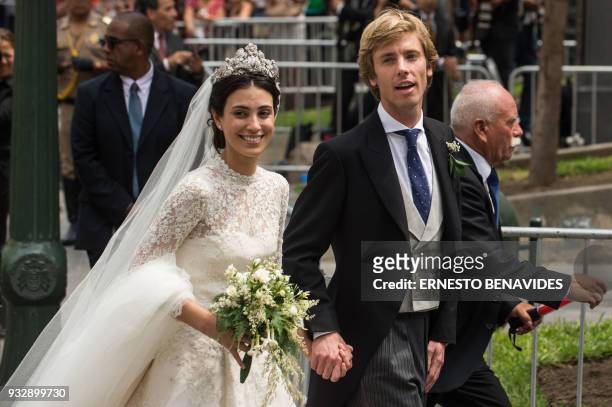 Peruvian Alessandra de Osma and her husband Prince Christian of Hanover, leave San Pedro church in Lima, after their wedding ceremony, on March 16,...