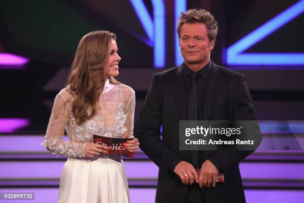 Hosts Victoria Swarovski and Oliver Geissen on stage during the 1st show of the 11th season of the television competition 'Let's Dance' on March 16,...