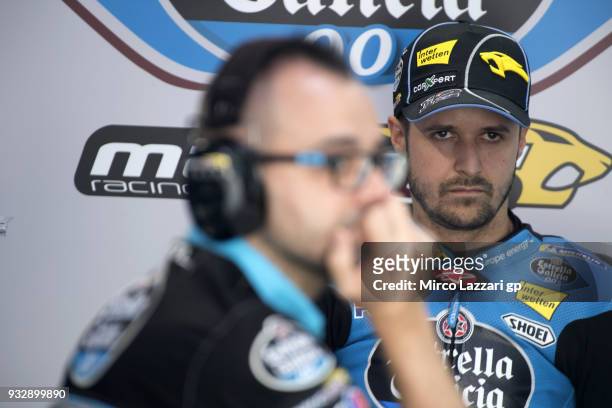 Tom Luthi of Switzerland and and Team EG 0,0 Marc VDS looks on in box during the MotoGP of Qatar - Free Practice at Losail Circuit on March 16, 2018...