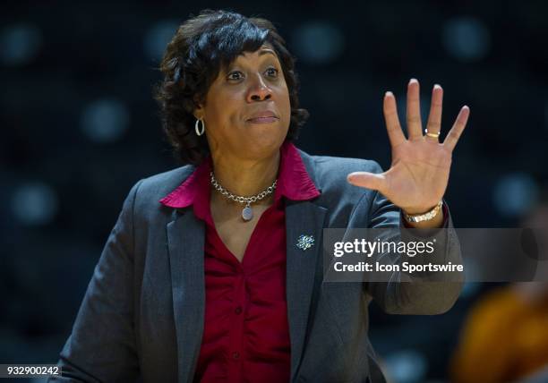 Western Kentucky Lady Toppers head coach Michelle Clark-Heard coaching during a game between the Oregon State Beavers and Western Kentucky Lady...