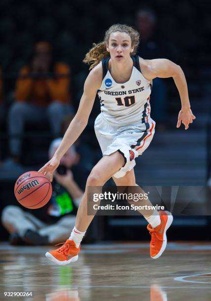 Oregon State Beavers guard Katie McWilliams pushes the ball up the court during a game between the Oregon State Beavers and Western Kentucky Lady...