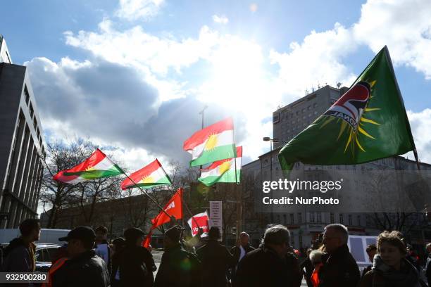 Some kurdish flags in the sky. Hundreds of people demonstrated in Munich, Germany, on 16 March 2018 to remember the chemical attack of Halabja by...