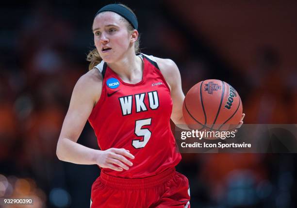 Western Kentucky Lady Toppers guard Whitney Creech brings the ball up court during a game between the Oregon State Beavers and Western Kentucky Lady...
