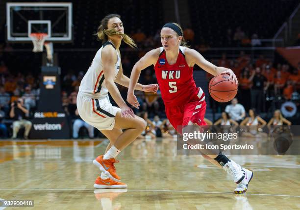 Western Kentucky Lady Toppers guard Whitney Creech drives around Oregon State Beavers forward Janessa Thropay during a game between the Oregon State...