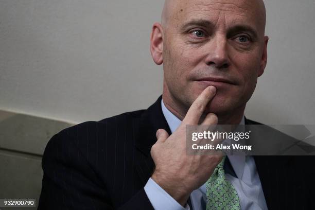 White House Director of Legislative Affairs Marc Short listens during a White House daily briefing at the James Brady Press Briefing Room of the...