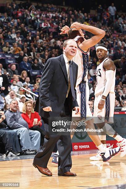 Lawrence Frank of the New Jersey Nets argues a call against the New York Knicks on November 21, 2009 at the Izod Center in East Rutherford, New...