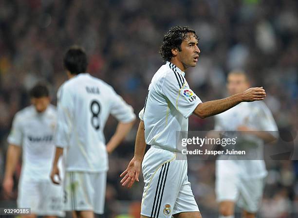 Raul Gonzalez of Real Madrid reacts during the La Liga match between Real Madrid and Racing Santander at Estadio Santiago Bernabeu on November 21,...